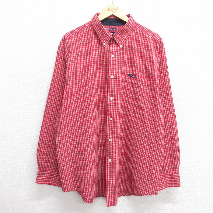 【中古】古着 ラルフローレン Ralph Lauren チャップス 長袖 ブランドシャツ メンズ 90年代 90s ワンポイントロゴ 大きいサイズ 2L LL ビッグシルエット ゆったり ビッグサイズ オーバーサイズ ロング丈 ボタンダウン 赤他 レッド チェック XLサイズ 中古 トップ