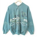 【中古】古着 長袖スウェット メンズ 90年代 90s 鳥 ヘンリーネック USA製 アメリカ製 緑 グリーン 霜降り XLサイズ 中古 スエット トレーナー ...