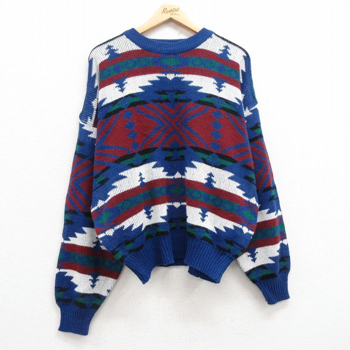 Crew Neck - 【中古】古着 長袖ニット セーター メンズ ネイティブ柄 ラグ柄 紺 2Lサイズ アクリル クルーネック アメカジ ストリート カジュアル きれいめ ヴィンテージ レトロ オールド【spe】