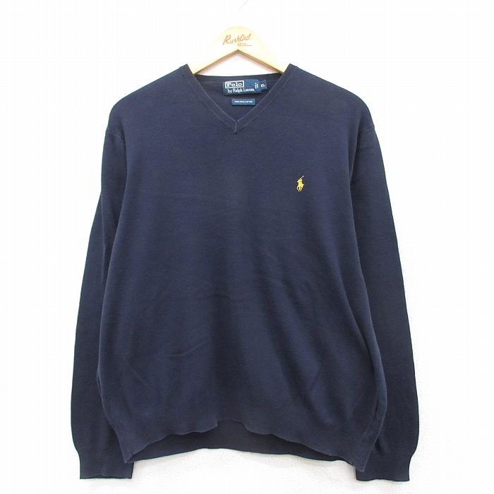 【中古】古着 ラルフローレン Ralph Lauren 長袖 ブランド セーター メンズ 90年代 90s ワンポイントロゴ コットン Vネック 紺 ネイビー Lサイズ 中古 ニット トップス | 春夏 春物 春服 秋冬 秋物 秋服 メンズファッション カジュアル おしゃれ ファッション