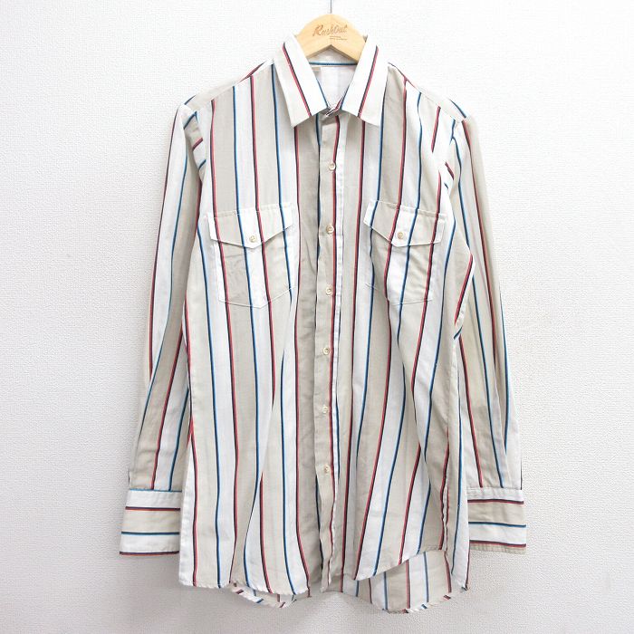 乐天商城 - 【中古】古着 長袖 ウエスタンシャツ メンズ 90年代 90s ベージュ他 カーキ ストライプ Mサイズ 中古 トップス | 春夏 春物 春服 秋冬 秋物 秋服 カジュアルシャツ メンズファッション 長袖シャツ おしゃれ カジュアル