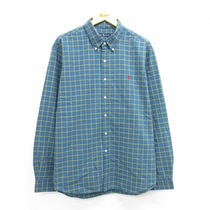 【中古】古着 ラルフローレン Ralph Lauren 長袖 ブランドシャツ メンズ ワンポイントロゴ 大きいサイズ 2L LL ビッグシルエット ゆったり ビッグサイズ オーバーサイズ コットン ボタンダウン 緑他 グリーン チェック XLサイズ 中古 トップス | 春夏 春物 春服