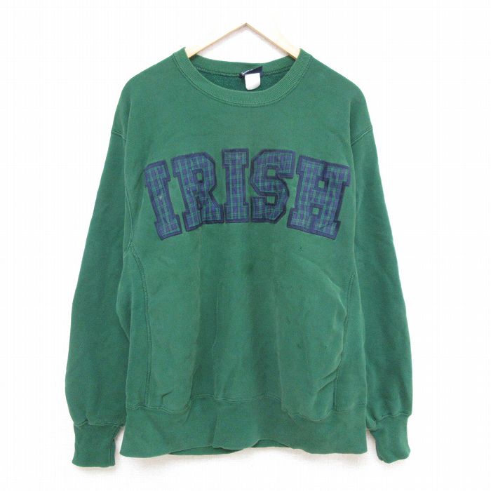【中古】古着 ジャンスポーツ 長袖スウェット メンズ 90年代 90s アイリッシュ 大きいサイズ 2L LL ビッグシルエット ゆったり ビッグサイズ オーバーサイズ クルーネック 丸首 USA製 アメリカ製 緑 グリーン XLサイズ 中古 スエット トレーナー トップス | 春夏