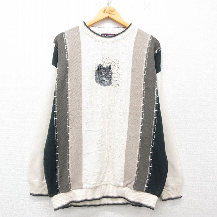 Knit Sweater - 【中古】古着 90s セーター メンズ 90年代 オオカミ刺繍 クルーネック ニット トップス 生成り XLサイズ ヴィンテージ アメカジ ストリート カジュアル きれいめ レトロ【spe】