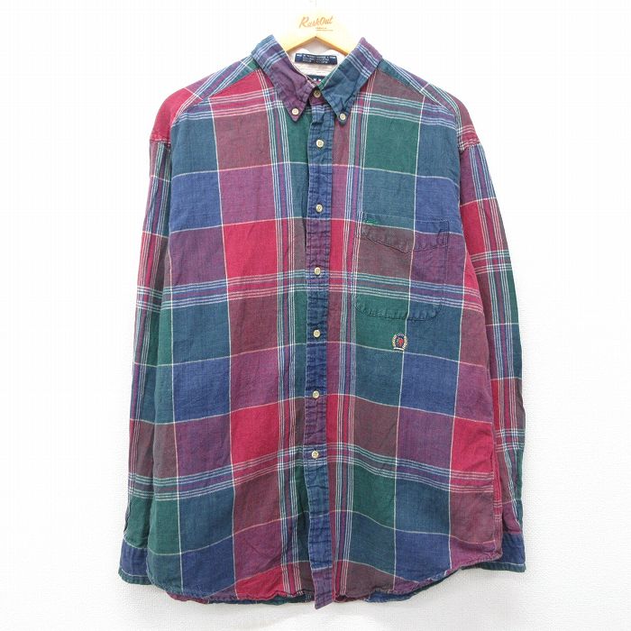 【中古】古着 トミーヒルフィガー 90s 長袖シャツ メンズ ネイビー チェック TOMMY HILFIGER XLサイズ リネン ボタンダウン ワンポイントロゴ アメカジ ストリート 5OF