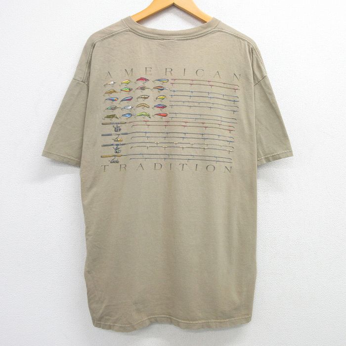 Rakuten - 【中古】古着 00s ヴィンテージTシャツ メンズ 2Lサイズ ベージュ カーキ 釣り竿 ルアープリント コットン クルーネック ビッグシルエット 大きいサイズ アメカジ ストリート