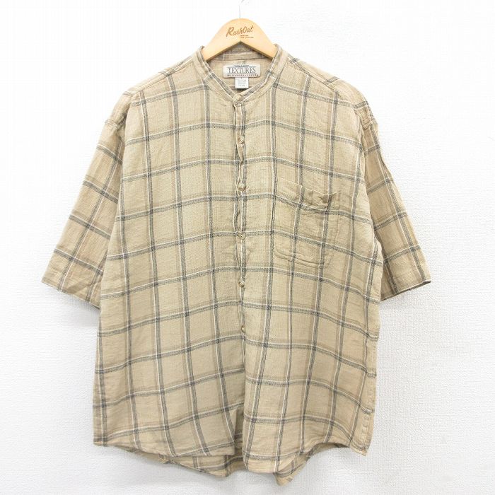 乐天商城 - 【中古】古着 半袖シャツ メンズ 大きいサイズ 2L LL ビッグシルエット ゆったり ビッグサイズ オーバーサイズ コットン ノーカラー ベージュ他 カーキ チェック XLサイズ 中古 トップス | 春夏 春物 春服 夏物 夏服 カジュアルシャツ メンズファッション 半袖シ