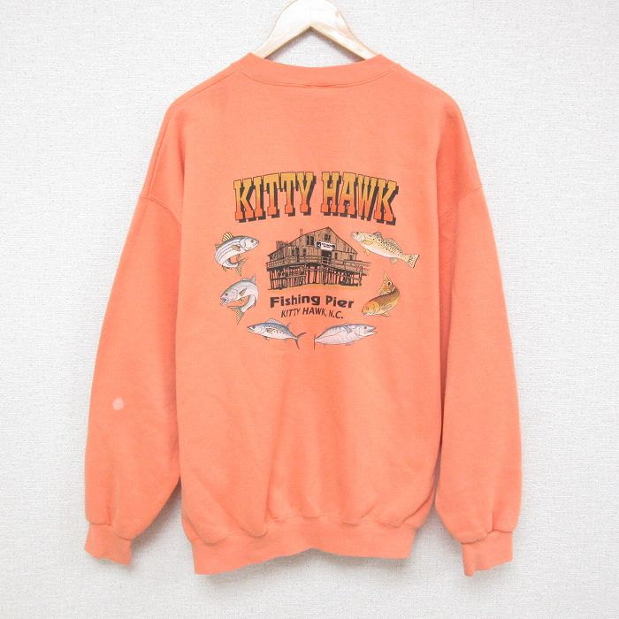 【中古】古着 リー Lee 長袖スウェット メンズ 00年代 00s KITTY HAWK 大きいサイズ 2L LL ビッグシルエット ゆったり ビッグサイズ オーバーサイズ クルーネック 丸首 オレンジ XLサイズ 中古 スエット トレーナー トップス | 春夏 春物 春服 秋冬 秋物 秋服 メ