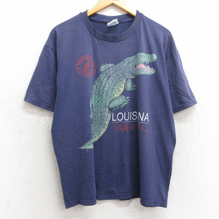 乐天商城 - 【中古】古着 ヘインズ Hanes 半袖 ビンテージ ヴィンテージTシャツ メンズ 00年代 00s ワニ ルイジアナ クルーネック 丸首 紺 ネイビー 【spe】 XLサイズ 中古 | 春夏 夏物 夏服 ヴィンテージTシャツ メンズファッション