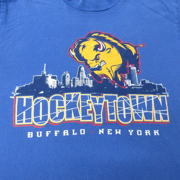 【中古】古着 バッファロー 90s ホッケーTシャツ メンズ XSサイズ 青 USA製 コットン クルーネック ヴィンテージ アメカジ ストリート カジュアル きれいめ 25mar31