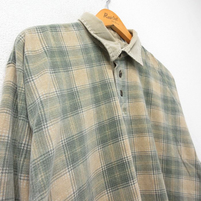 【中古】古着 アメリカンイーグル American Eagle 長袖 ブランド ポロシャツ メンズ 90年代 90s 襟コーデュロイ コットン ベージュ他 カーキ チェック Lサイズ 中古 トップス | 春夏 春物 春服 秋冬 秋物 秋服 カジュアルシャツ メンズファッション 長袖シャツ お