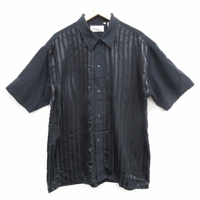 【中古】古着 半袖シャツ メンズ ロング丈 黒 ブラック ストライプ XLサイズ 中古 トップス | 春夏 春物 春服 夏物 夏服 カジュアルシャツ メンズファッション 半袖シャツ おしゃれ カジュアル