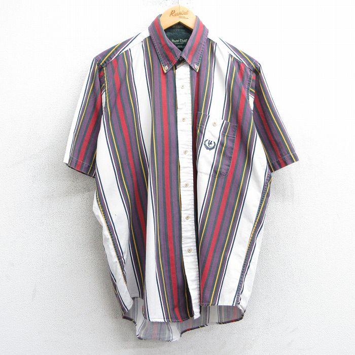Rakuten - 【中古】古着 90s 半袖シャツ メンズ XLサイズ ボタンダウン ワンポイントロゴ 白 ストライプ コットン アメカジ ストリート ヴィンテージ カジュアル きれいめ 25apr07