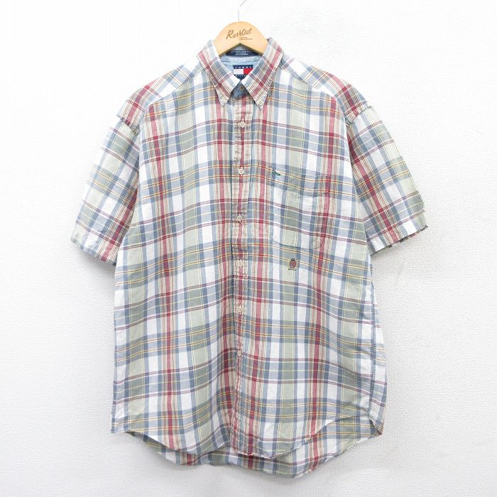 乐天商城 - 【中古】古着 トミーヒルフィガー TOMMY HILFIGER 半袖 ブランドシャツ メンズ 90年代 90s ワンポイントロゴ リネン ボタンダウン 白他 ホワイト チェック XLサイズ 中古 トップス | 春夏 春物 春服 夏物 夏服 カジュアルシャツ メンズファッション 半袖シャツ お