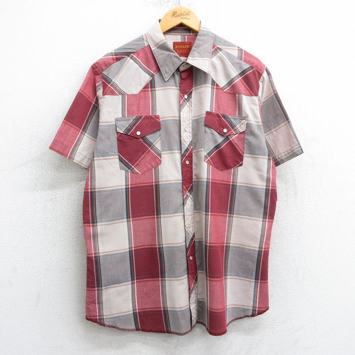 Western Shirt - 【中古】古着 ラスラー 90s ウエスタンシャツ メンズ XLサイズ エンジ チェック 半袖 アメカジ ストリート カジュアル きれいめ ヴィンテージ レトロ オールド 25apr07