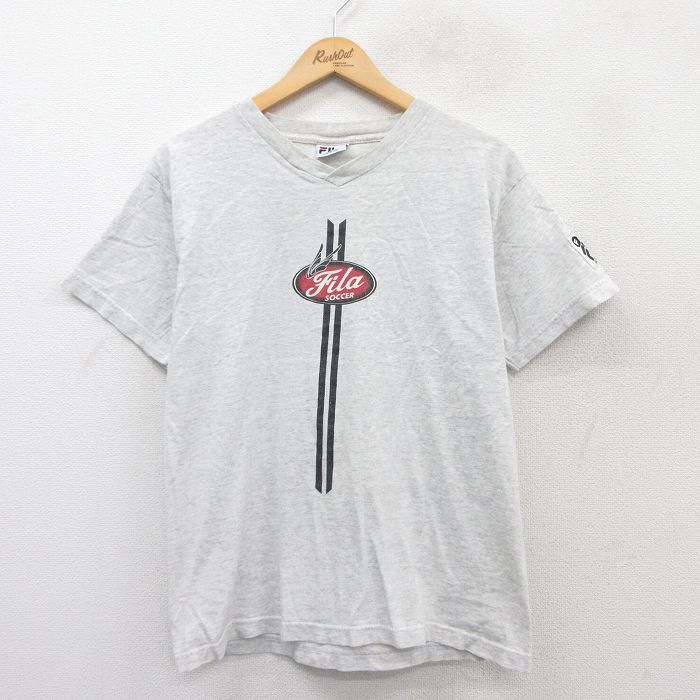 V-Neck - 【中古】古着 フィラ FILA 90s ヴィンテージTシャツ メンズ 半袖 Mサイズ 薄グレー 霜降り コットン USA製 ワンポイントロゴ Vネック サッカー アメカジ ストリート 5OF