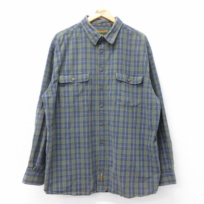 【中古】古着 ティンバーランド 長袖 ブランドシャツ メンズ 00年代 00s 大きいサイズ 2L LL ビッグシルエット ゆったり ビッグサイズ オーバーサイズ ロング丈 コットン 緑他 グリーン チェック XLサイズ 中古 トップス | 春夏 春物 春服 秋冬 秋物 秋服 カジュ
