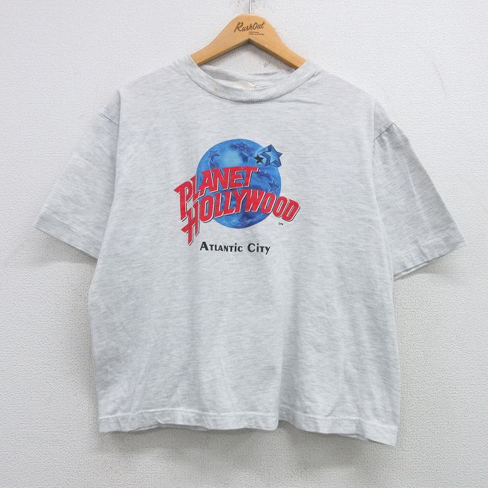 乐天商城 - 【中古】古着 半袖 ビンテージ ヴィンテージTシャツ メンズ 90年代 90s プラネットハリウッド ショート丈 コットン クルーネック 丸首 薄グレー 霜降り Lサイズ 中古 | 春夏 夏物 夏服 ヴィンテージTシャツ メンズファッション カットソー ティーシャツ ティシャ