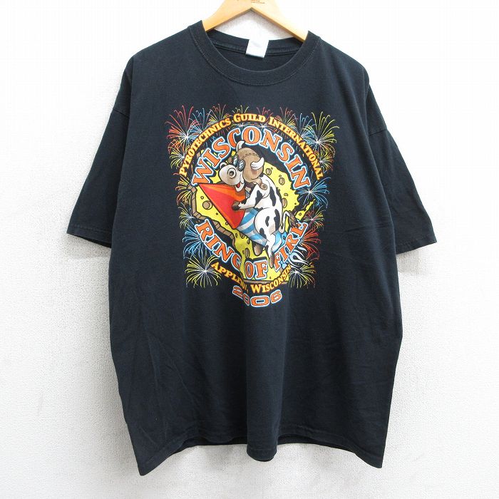【中古】古着 半袖 ビンテージ ヴィンテージTシャツ メンズ 00年代 00s 牛 ウィスコンシン 花火 大きいサイズ 2L LL ビッグシルエット ゆったり ビッグサイズ オーバーサイズ コットン クルーネック 丸首 黒 ブラック XLサイズ 中古 | 春夏 夏物 夏服 ヴィンテー 5OF