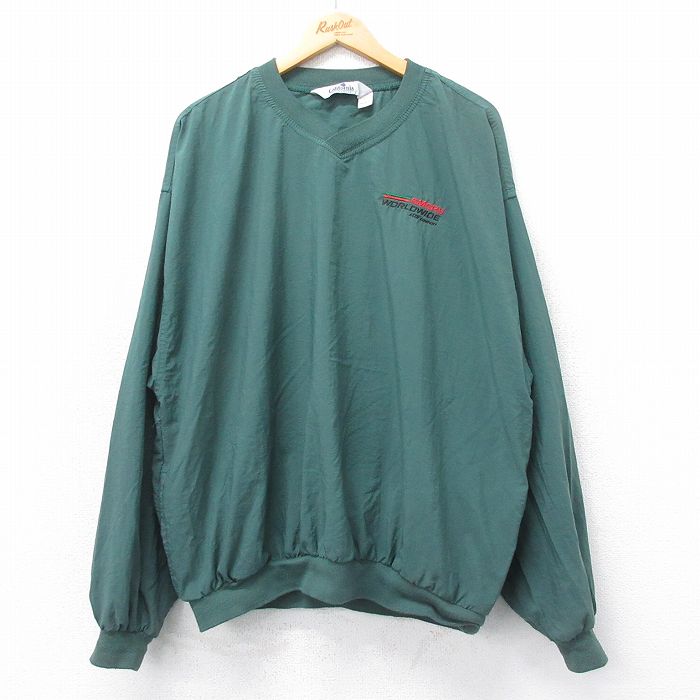 【中古】古着 長袖 ナイロンジャケット メンズ 90年代 90s EMERY WORLD WIDE 大きいサイズ 2L LL ビッグシルエット ゆったり ビッグサイズ オーバーサイズ Vネック USA製 アメリカ製 緑 グリーン XLサイズ 中古 アウター ウインドブレーカー | 春夏 春物 春服 秋