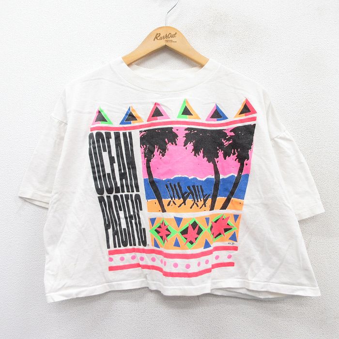 【中古】古着 オーシャンパシフィック OP 半袖 ビンテージ ヴィンテージTシャツ メンズ 90年代 90s ヤシの木 大きいサイズ 2L LL ビッグシルエット ゆったり ビッグサイズ オーバーサイズ ショート丈 クルーネック 丸首 白 ホワイト 【spe】 XLサイズ 中古 | 春夏