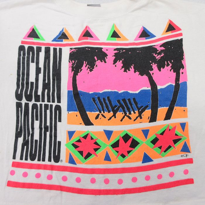 【中古】古着 オーシャンパシフィック OP 半袖 ビンテージ ヴィンテージTシャツ メンズ 90年代 90s ヤシの木 大きいサイズ 2L LL ビッグシルエット ゆったり ビッグサイズ オーバーサイズ ショート丈 クルーネック 丸首 白 ホワイト 【spe】 XLサイズ 中古 | 春夏 5OF