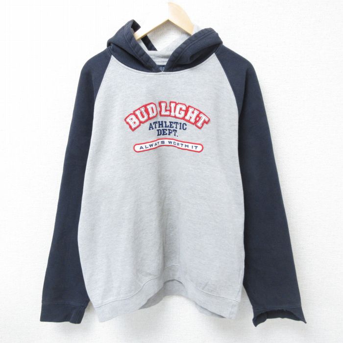 【中古】古着 長袖スウェットパーカー メンズ バドライト ツートンカラー バイカラー 刺繍 ラグラン グレー 霜降り XLサイズ 中古 スエット トレーナー トップス | 春夏 春物 春服 秋冬 秋物 秋服 メンズファッション カジュアル おしゃれ ファッション