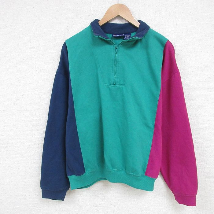 乐天商城 - 【中古】古着 長袖 ハーフジップスウェット メンズ 90年代 90s マルチカラー 大きいサイズ 2L LL ビッグシルエット ゆったり ビッグサイズ オーバーサイズ 緑他 グリーン XLサイズ 中古 スエット トレーナー トップス | 春夏 春物 春服 秋冬 秋物 秋服 メンズファ
