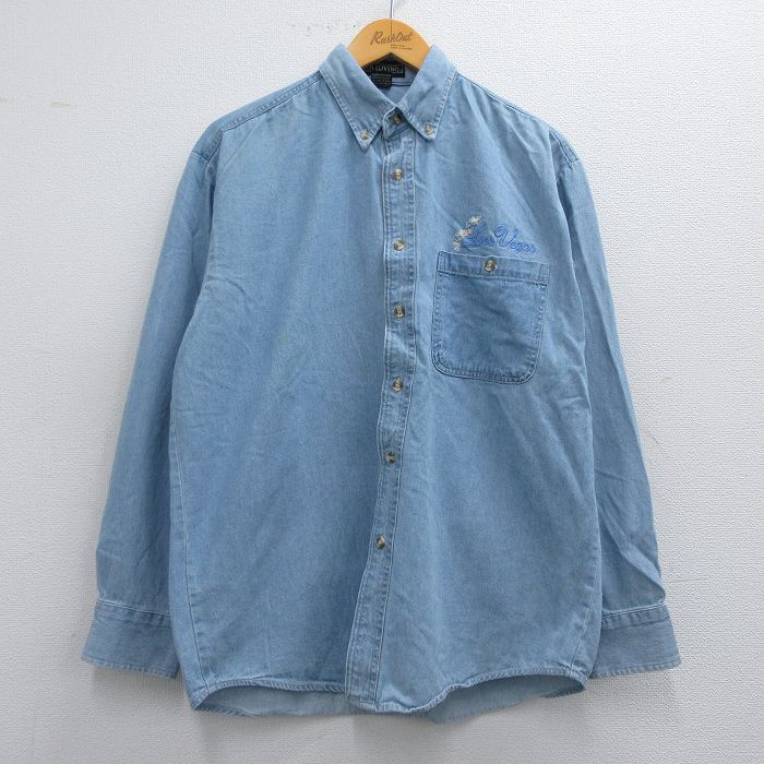 樂天商城 - 【中古】古着 長袖シャツ メンズ ラスベガス 花 コットン ボタンダウン 薄紺 ネイビー デニム Lサイズ 中古 トップス | 春夏 春物 春服 秋冬 秋物 秋服 カジュアルシャツ メンズファッション 長袖シャツ おしゃれ カジュアル