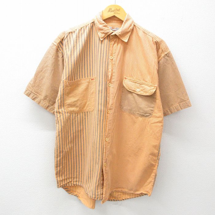【中古】古着 半袖シャツ メンズ 90年代 90s コットン オレンジ他 ストライプ Lサイズ 中古 トップス | 春夏 春物 春服 夏物 夏服 カジュアルシャツ メンズファッション 半袖シャツ おしゃれ カジュアル