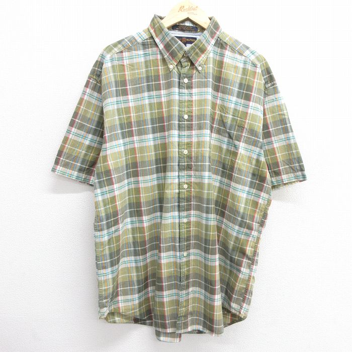 【中古】古着 トミーヒルフィガー 90s 半袖シャツ メンズ 2Lサイズ グリーン チェック TOMMY HILFIGER コットン ボタンダウン ビッグシルエット 大きいサイズ アメカジ 5OF
