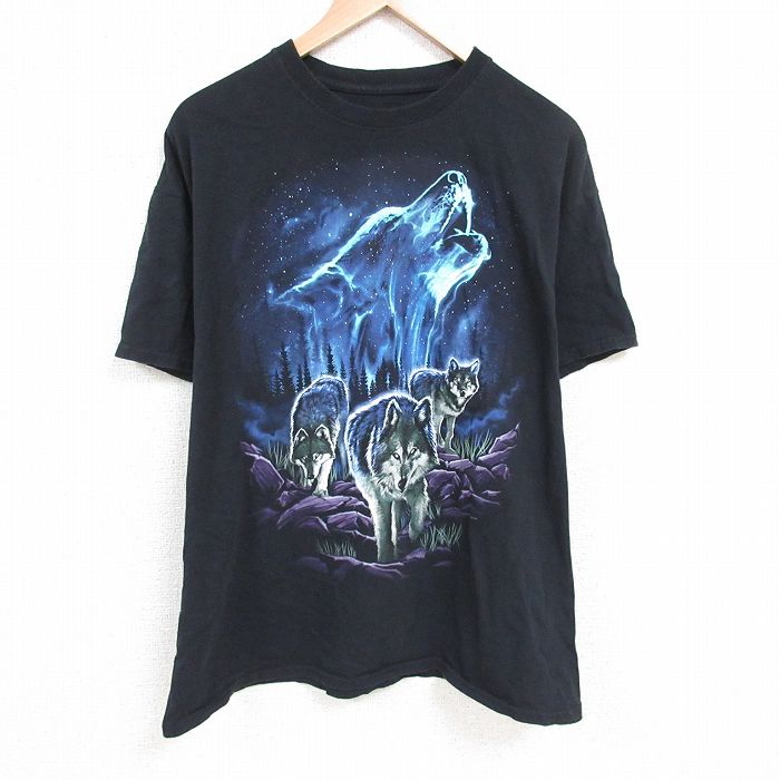 【中古】古着 半袖Tシャツ メンズ オオカミ 大きいサイズ 2L LL ビッグシルエット ゆったり ビッグサイズ オーバーサイズ コットン クルーネック 丸首 黒 ブラック XLサイズ 中古 | 春夏 夏物 夏服 メンズファッション カットソー ティーシャツ ティシャツ メンズ