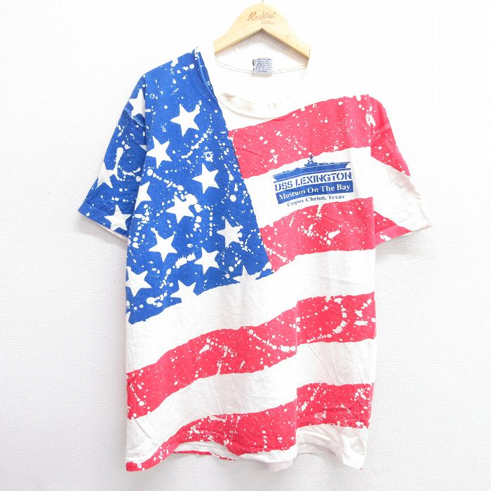 乐天商城 - 【中古】古着 半袖 ビンテージ ヴィンテージTシャツ メンズ 90年代 90s 星条旗 レキシントン コットン クルーネック 丸首 白他 ホワイト XLサイズ 中古 | 春夏 夏物 夏服 ヴィンテージTシャツ メンズファッション カットソー ティーシャツ ティシャツ メンズTシャ