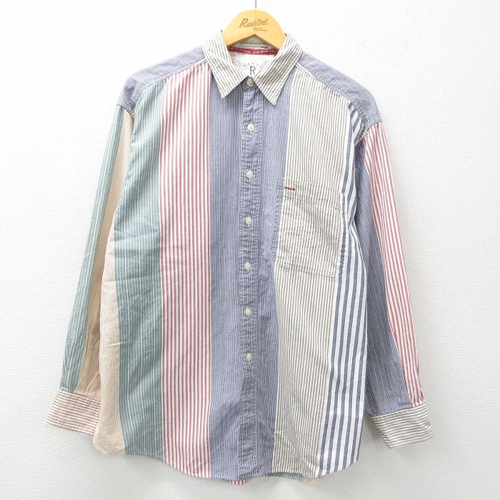 【中古】古着 アロー 長袖シャツ メンズ 90年代 90s マルチカラー ロング丈 コットン 紺他 ネイビー ストライプ 【spe】 XLサイズ 中古 トップス | 春夏 春物 春服 秋冬 秋物 秋服 カジュアルシャツ メンズファッション 長袖シャツ おしゃれ カジュアル
