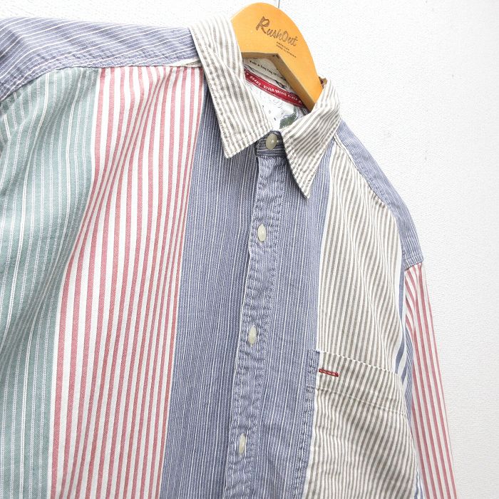 【中古】古着 アロー 長袖シャツ メンズ 90年代 90s マルチカラー ロング丈 コットン 紺他 ネイビー ストライプ 【spe】 XLサイズ 中古 トップス | 春夏 春物 春服 秋冬 秋物 秋服 カジュアルシャツ メンズファッション 長袖シャツ おしゃれ カジュアル