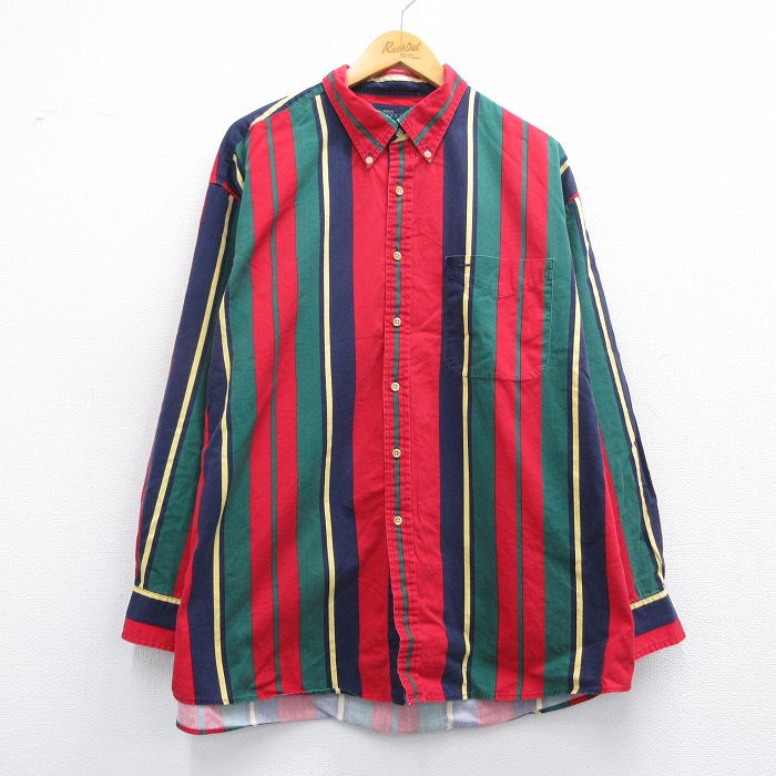 乐天商城 - 【中古】古着 長袖シャツ メンズ 00年代 00s 大きいサイズ 2L LL ビッグシルエット ゆったり ビッグサイズ オーバーサイズ コットン ボタンダウン 赤他 レッド ストライプ 【spe】 XLサイズ 中古 トップス | 春夏 春物 春服 秋冬 秋物 秋服 カジュアルシャツ メン