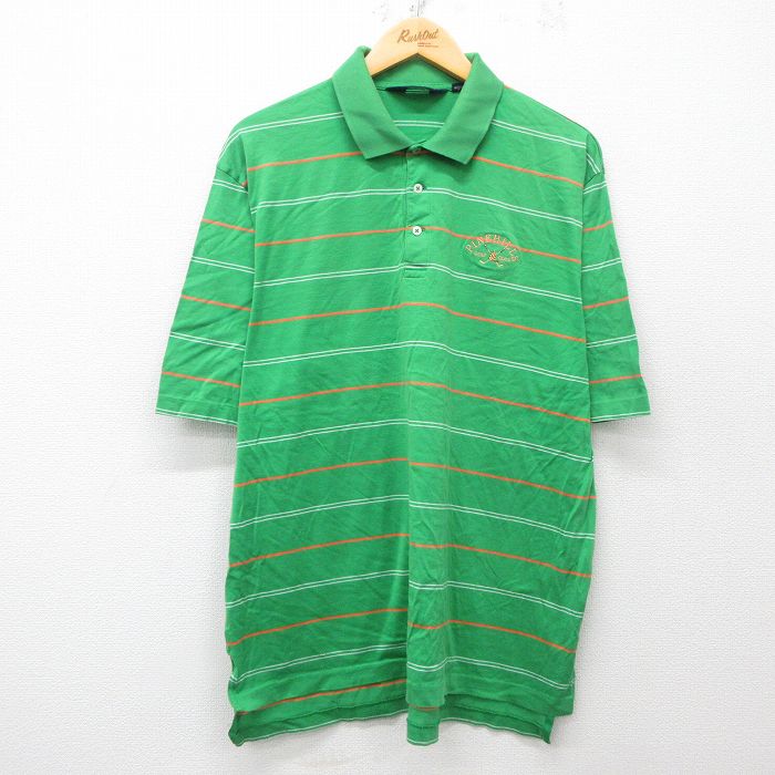 【中古】古着 ラルフローレン Ralph Lauren ポロゴルフ 半袖 ブランド ポロシャツ メンズ 90年代 90s ワンポイントロゴ 大きいサイズ 2L LL ビッグシルエット ゆったり ビッグサイズ オーバーサイズ コットン 緑他 グリーン ボーダー XLサイズ 中古 トップス | 春