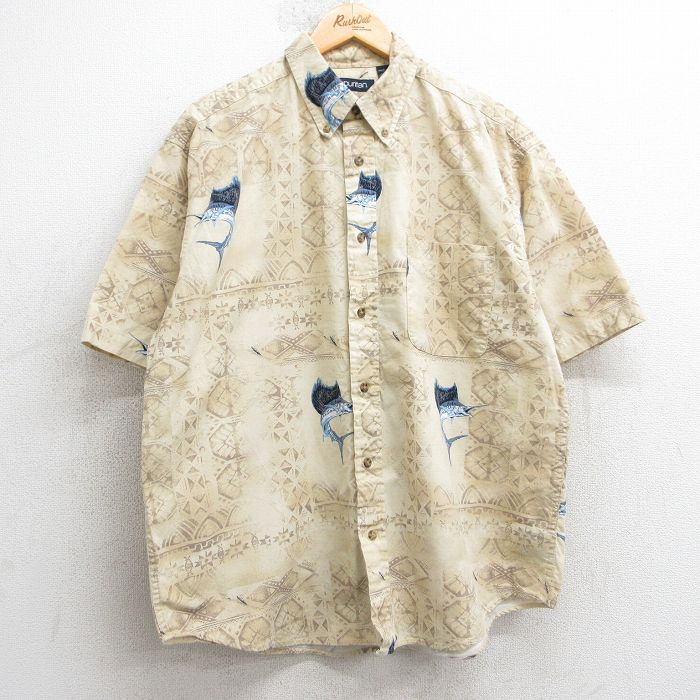 樂天商城 - 【中古】古着 ピューリタン 半袖シャツ メンズ 00年代 00s 魚 総柄 コットン ボタンダウン ベージュ他 カーキ XLサイズ 中古 トップス | 春夏 春物 春服 夏物 夏服 カジュアルシャツ メンズファッション 半袖シャツ おしゃれ カジュアル
