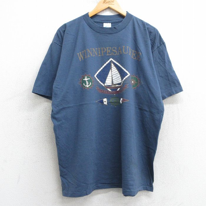 乐天商城 - 【中古】古着 半袖 ビンテージ ヴィンテージTシャツ メンズ 90年代 90s ウィニペソーキー ヨット コットン クルーネック 丸首 USA製 アメリカ製 紺系 ネイビー XLサイズ 中古 | 春夏 夏物 夏服 ヴィンテージTシャツ メンズファッション カットソー ティーシャツ