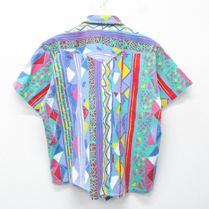 【中古】古着 半袖シャツ メンズ 90年代 90s 総柄 USA製 アメリカ製 薄紺系他 ネイビー XLサイズ 中古 トップス | 春夏 春物 春服 夏物 夏服 カジュアルシャツ メンズファッション 半袖シャツ おしゃれ カジュアル 5OF