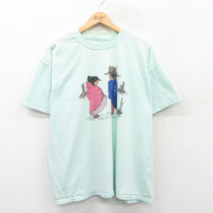 乐天商城 - 【中古】古着 半袖 ビンテージ ヴィンテージTシャツ メンズ 90年代 90s 女性 カウボーイ ハンドペイント 大きいサイズ 2L LL ビッグシルエット ゆったり ビッグサイズ オーバーサイズ クルーネック 丸首 薄青緑 【spe】 XLサイズ 中古 | 春夏 夏物 夏服 ヴィンテ