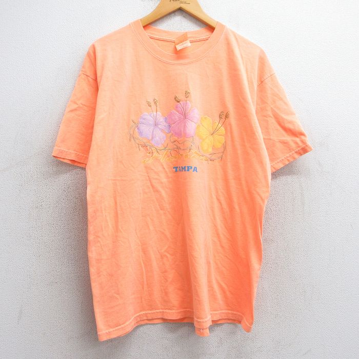 Rakuten - 【中古】古着 00s ヴィンテージTシャツ メンズ Lサイズ オレンジ フロリダ フラワープリント クルーネック コットン100% アメカジ ストリート カジュアル 25may01