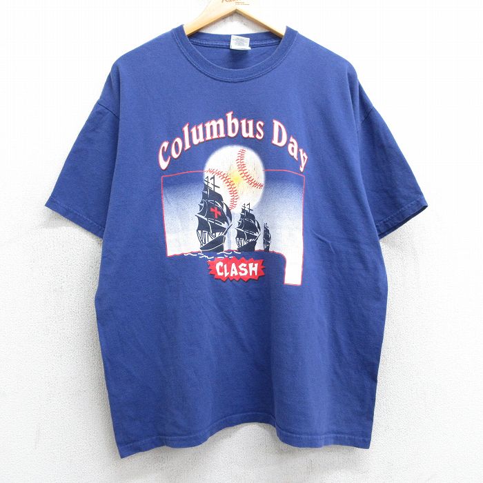 【中古】古着 00s ベースボールTシャツ メンズ XLサイズ 青 船 野球プリント コットン クルーネック ヴィンテージ ストリート アメカジ 半袖 カジュアル きれいめ 25may01