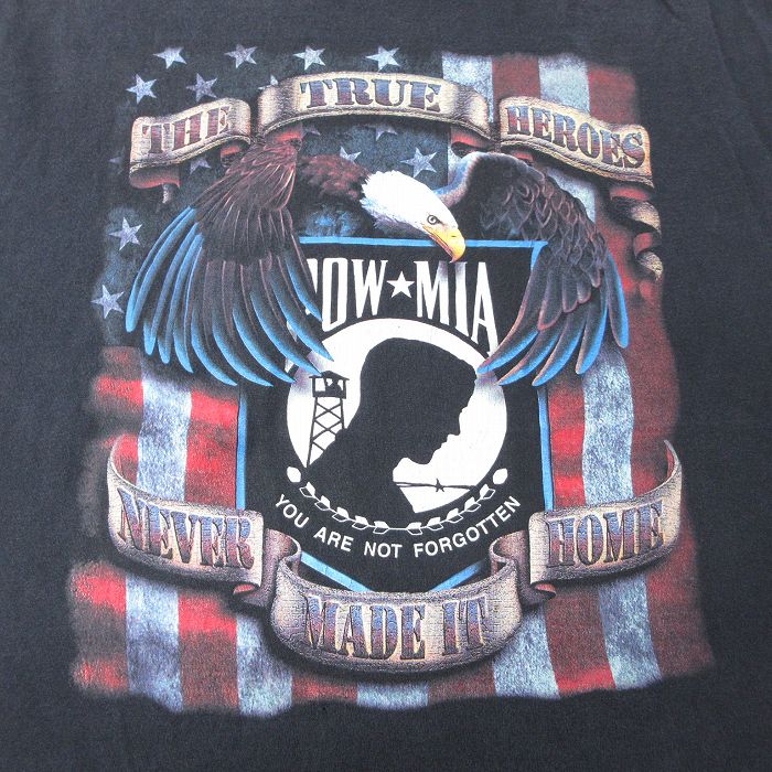 【中古】古着 半袖 ビンテージ ヴィンテージTシャツ メンズ 90年代 90s ミリタリー 鳥 POW MIA コットン クルーネック 丸首 USA製 アメリカ製 黒 ブラック XLサイズ 中古 | 春夏 夏物 夏服 ヴィンテージTシャツ メンズファッション カットソー ティーシャツ ティ