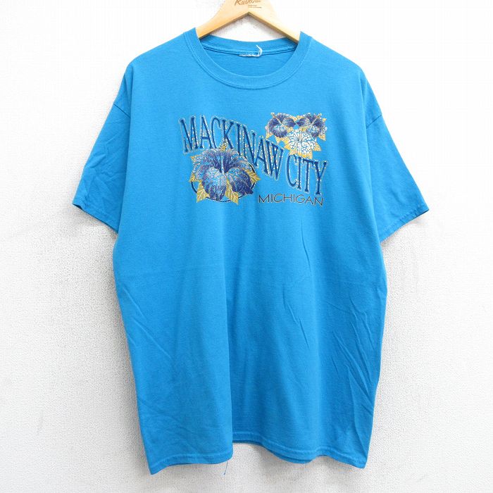 Shirts, T-Shirts - 【中古】古着 半袖 ヴィンテージTシャツ メンズ 00s 00年代 水色 クルーネック XLサイズ ハイビスカス マッキノーシティ ミシガン アメカジ ストリート カジュアル 25may07
