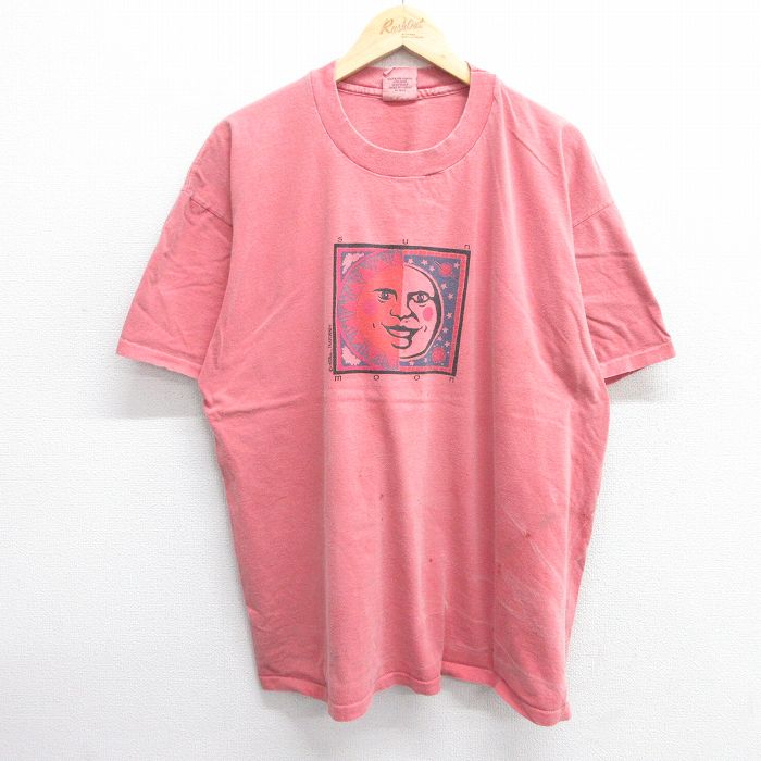 T-Shirts - 【中古】古着 90s ヴィンテージTシャツ メンズ 半袖 月 太陽 プリント 赤 USA製 2Lサイズ コットン クルーネック 大きいサイズ アメカジ ストリート カジュアル きれいめ