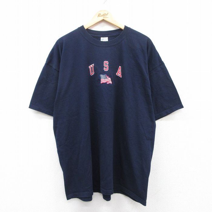 乐天商城 - 【中古】古着 半袖 ビンテージ ヴィンテージTシャツ メンズ 00年代 00s USAロゴ 刺繍 大きいサイズ 2L LL ビッグシルエット ゆったり ビッグサイズ オーバーサイズ コットン クルーネック 丸首 紺 ネイビー XLサイズ 中古 | 春夏 夏物 夏服 ヴィンテージTシャツ