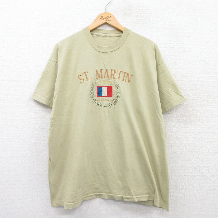 乐天商城 - 【中古】古着 00s フレンチウエストアイランド 半袖Tシャツ メンズ XLサイズ グリーン 刺繍 00年代 ヴィンテージ アメカジ ストリート カジュアル きれいめ レトロ オールド