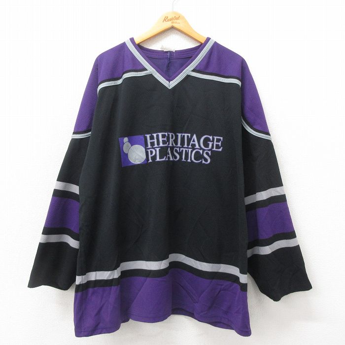乐天商城 - 【中古】古着 長袖 ビンテージ ヴィンテージTシャツ アイスホッケー ジャージ メンズ 00年代 00s ヘリテージ 大きいサイズ 2L LL ビッグシルエット ゆったり ビッグサイズ オーバーサイズ メッシュ地 Vネック 黒 ブラック ユニフォーム ゲームシャツ XLサイズ 中