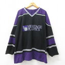 【中古】古着 長袖 ビンテージ ヴィンテージTシャツ アイスホッケー ジャージ メンズ 00年代 00s ヘリテージ 大きいサイズ 2L LL ビッグシルエット ゆったり ビッグサイズ オーバーサイズ ロング丈 メッシュ地 Vネック 黒 ブラック XLサイズ 中古 | 春夏 春物 春